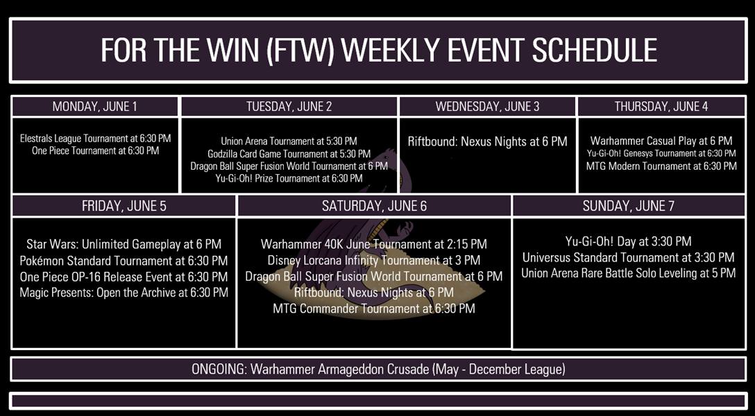For the Win weekly event schedule
